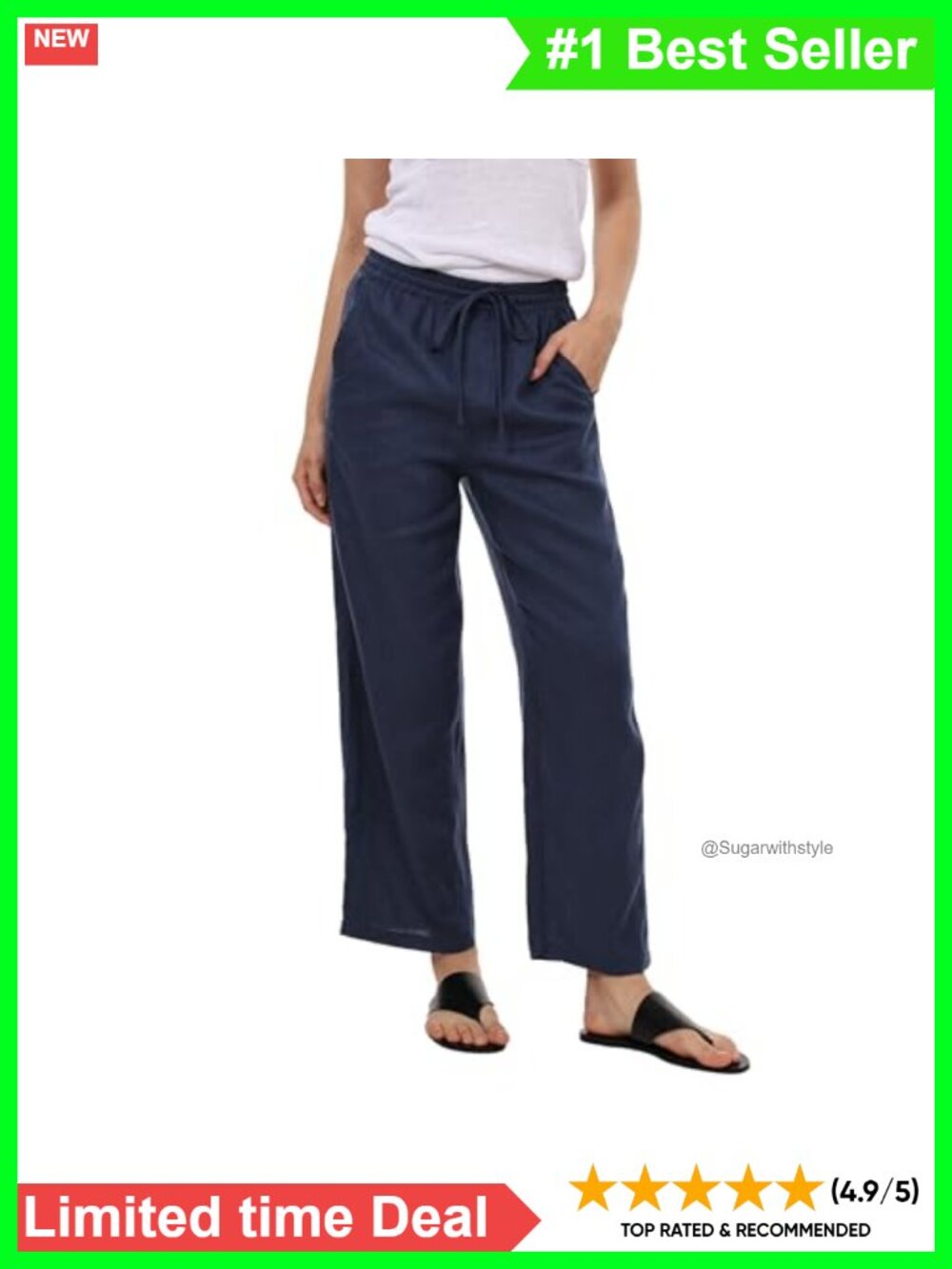 100% Linen Wide Leg Pants High Waist Drawstring Elastic Waist Casual